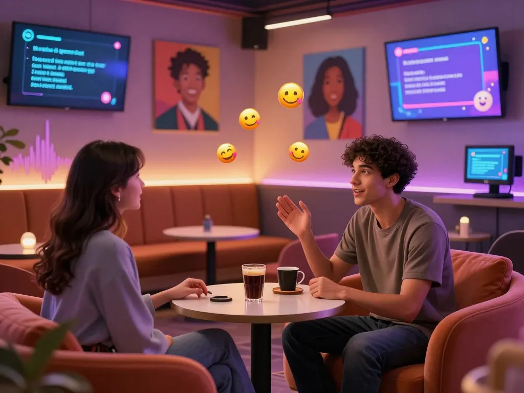 Engaging ai nsfw chat scene with interactive AI avatars and inviting lounge setting.