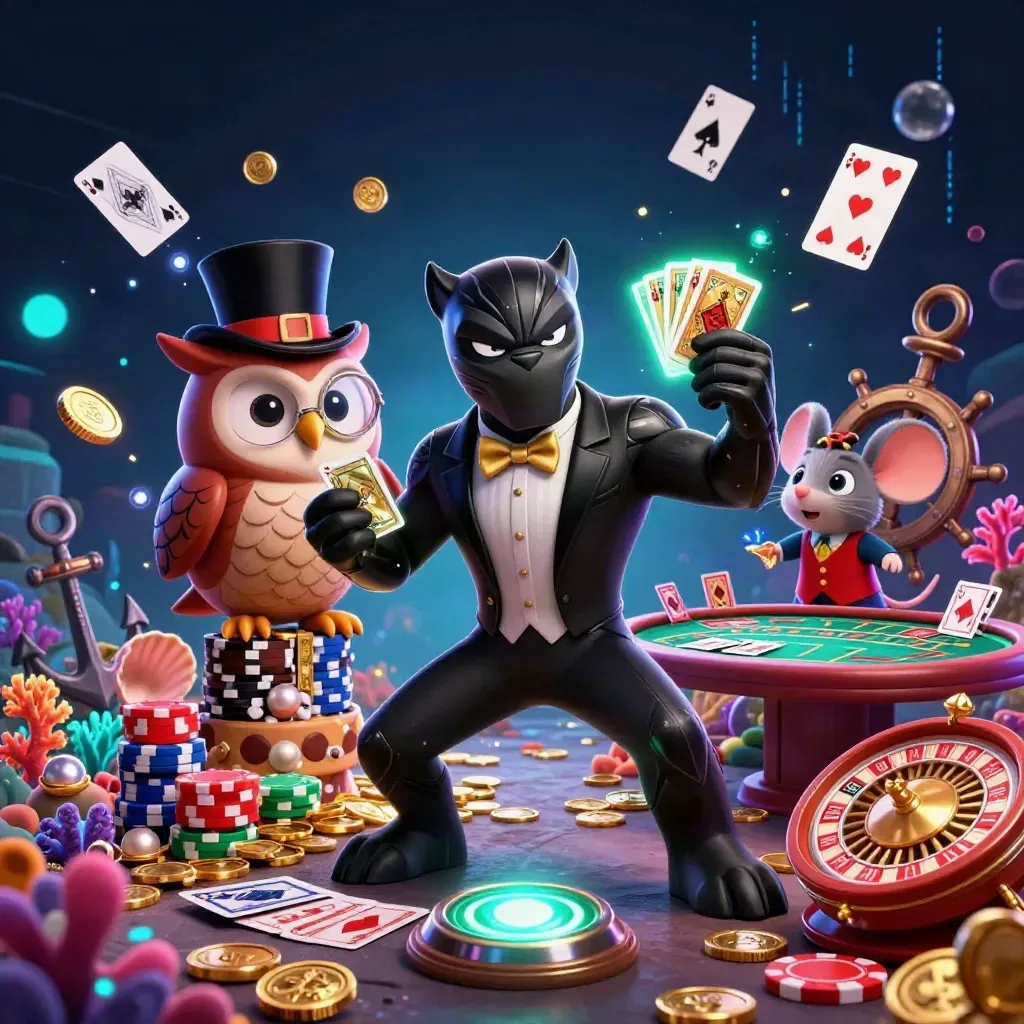 Panther, owl, and mouse in a neon casino treasure cove with gold, cards, and glowing sea relics.