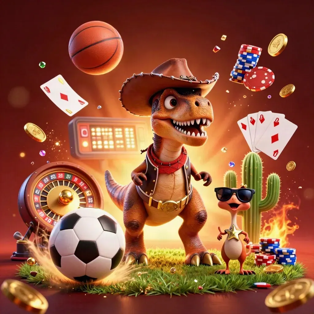 Cowboy T-Rex, cactus, and roadrunner amid flying coins, roulette wheel, and sports props.
