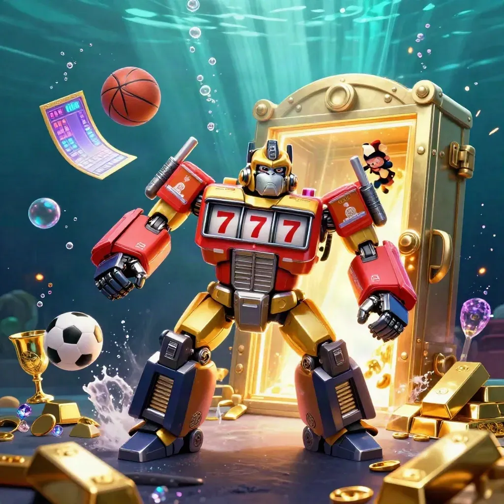 Golden gorilla mech bursts from a vault with balls, gems and bubbles in neon casino glow.