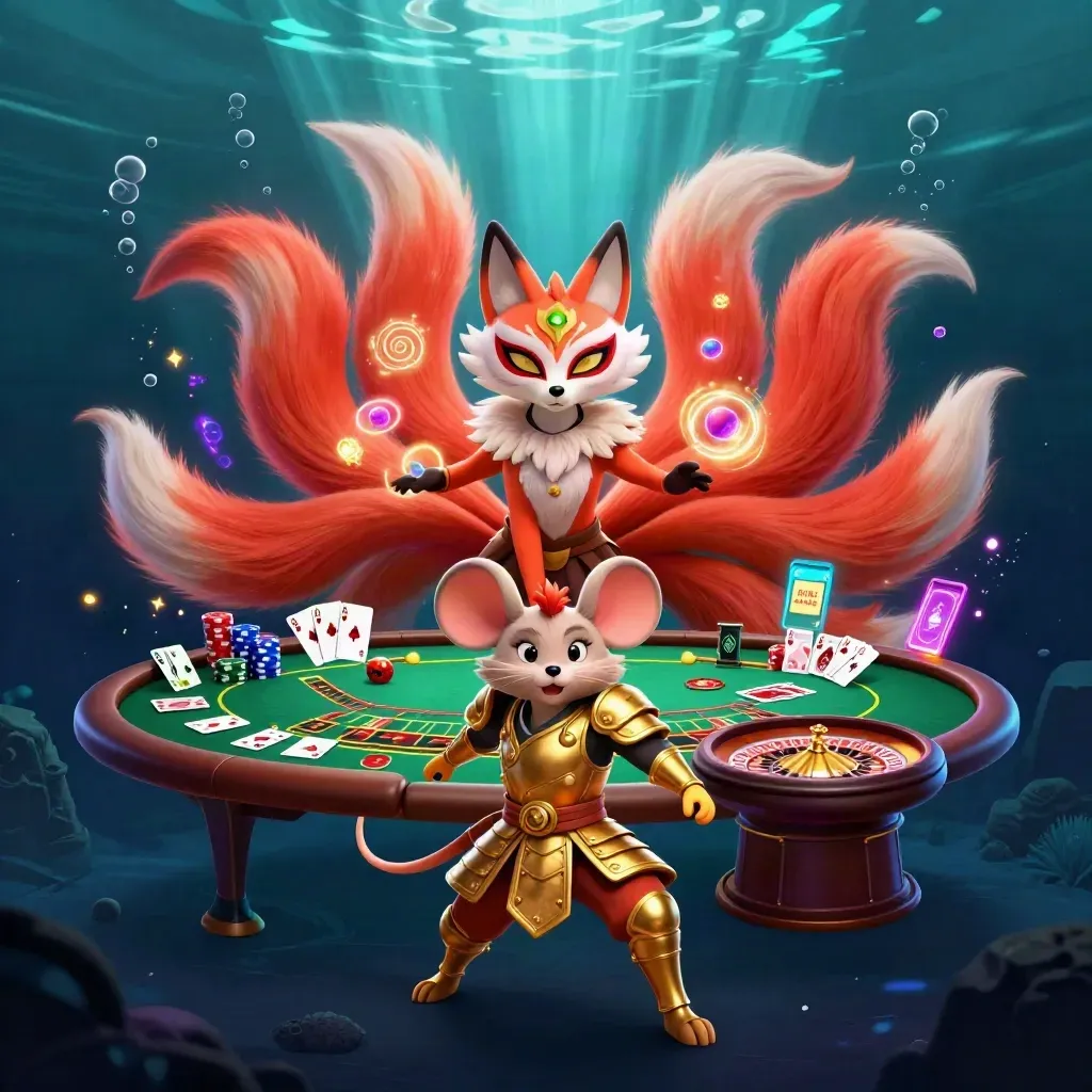 Nine-tailed fox spirit and golden samurai mouse amid casino cards, chips, and roulette glow underwater.