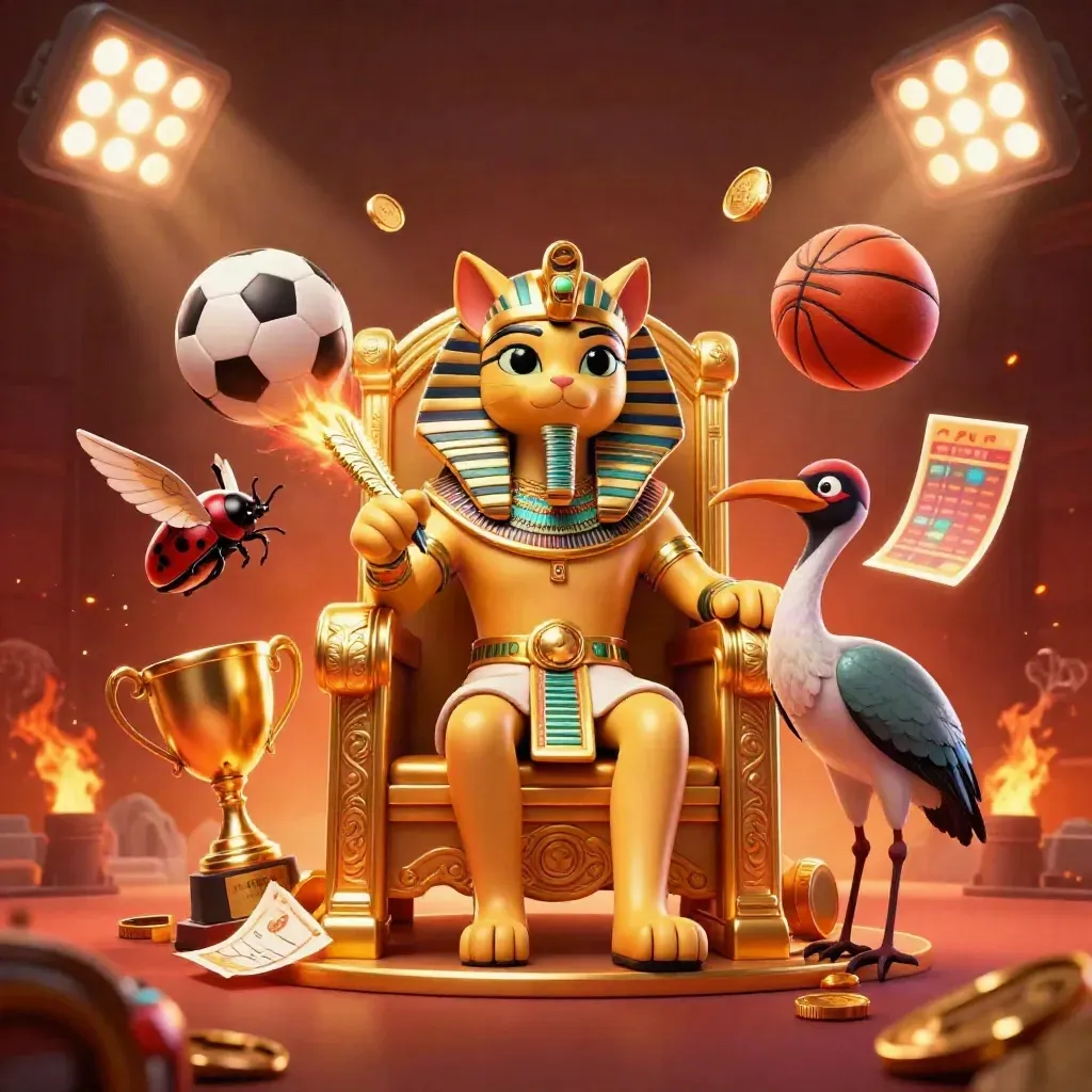 Pharaoh cat on golden throne amid flying balls, coins, scarabs and stadium beams.