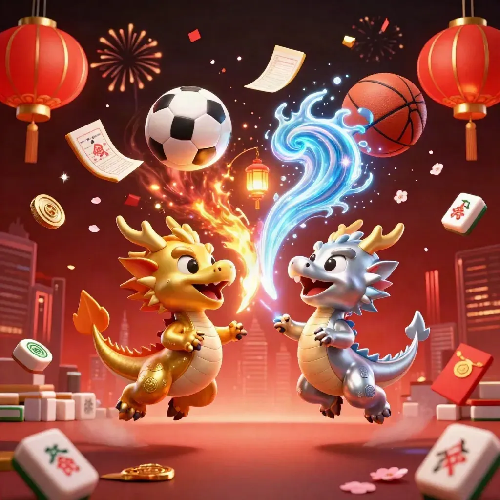 Twin dragons with casino props, lanterns, and sports balls in neon red and gold.