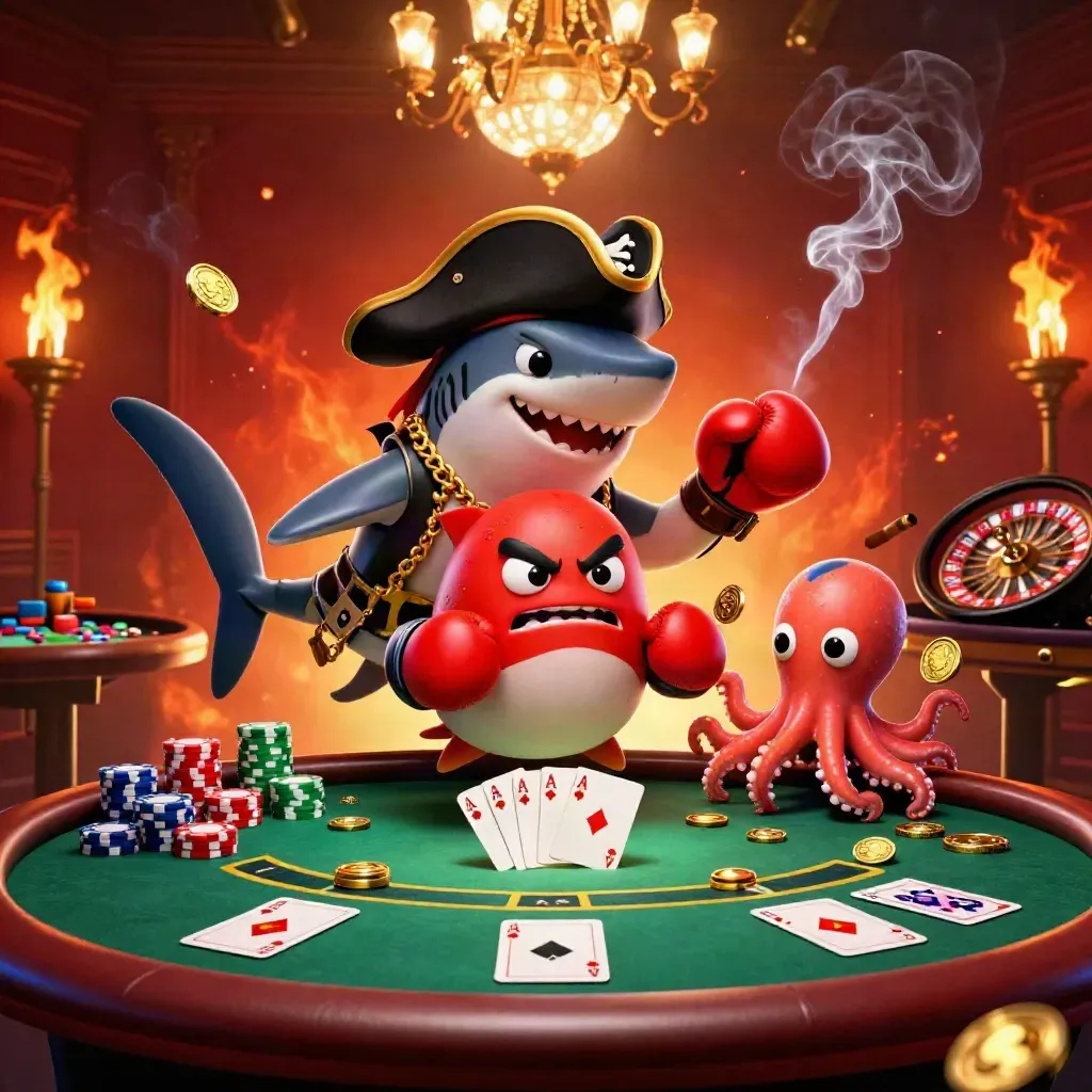Shark pirate, red pufferfish, and baby octopus amid casino lights, chips, and cards.