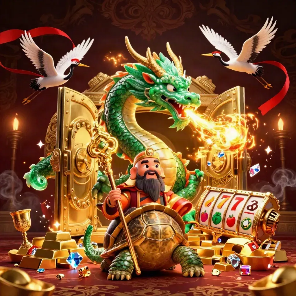 Emerald dragon, turtle sage, and cranes burst from a treasure vault with gold, gems, and fire.