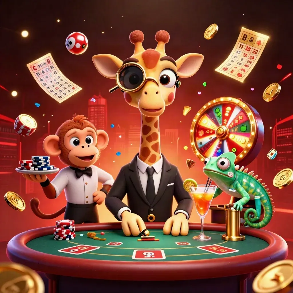 Giraffe high roller, monkey valet, and chameleon bartender amid casino bursts in neon red glow.