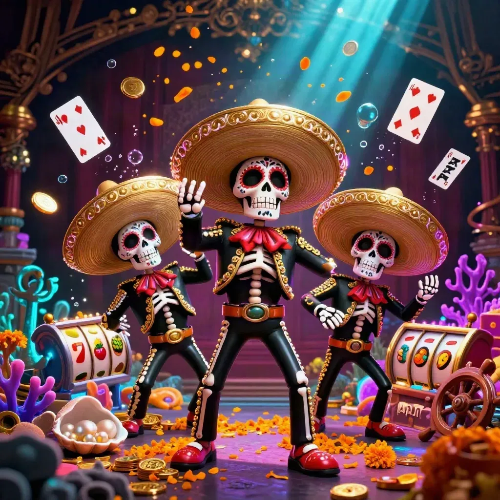 Three Day-of-the-Dead skeleton mariachi heroes amid treasure, coral, coins, and casino glow.