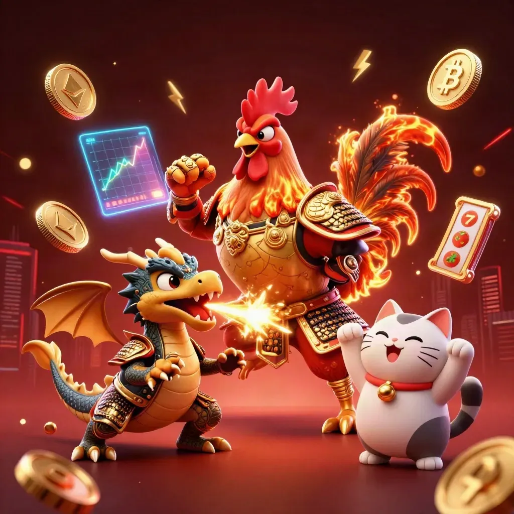 Rooster warrior, dragon hatchling, and fortune cat explode with neon coins and casino energy.