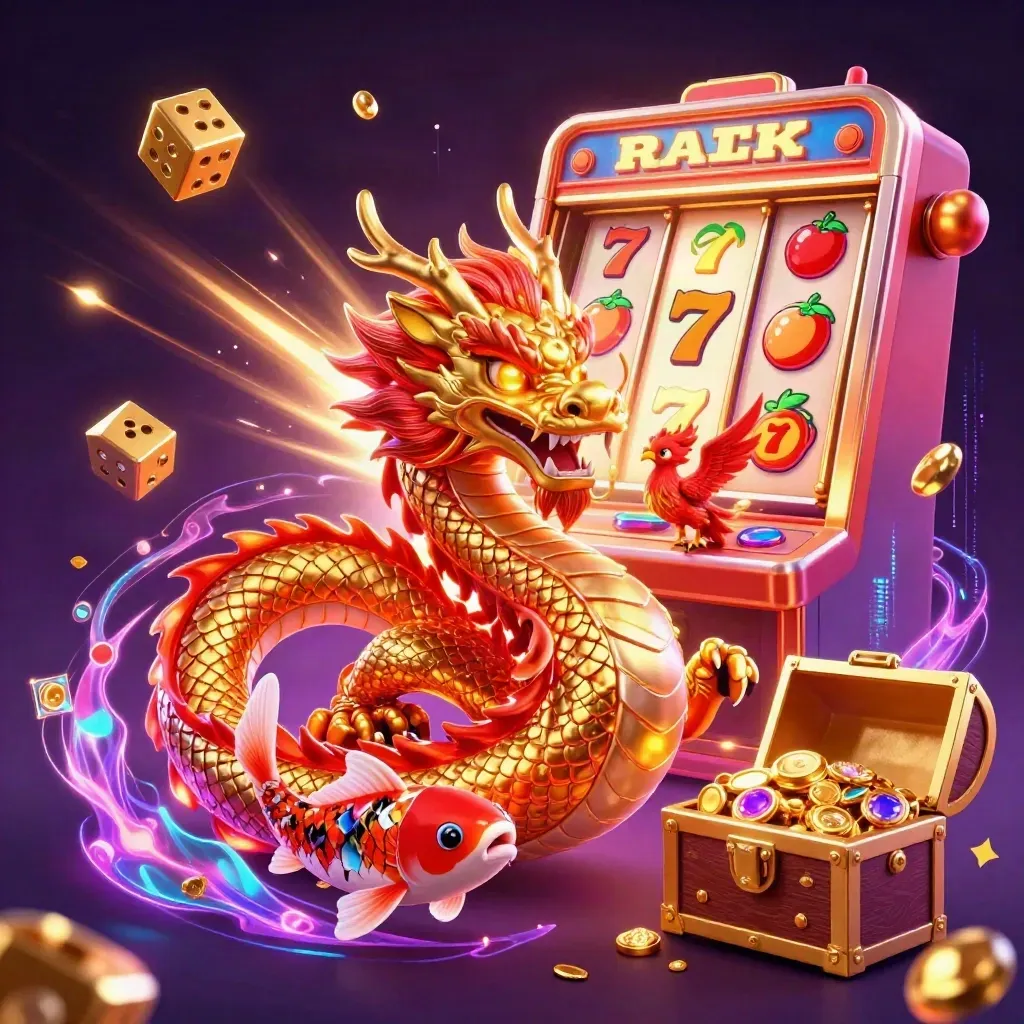 Golden dragon, phoenix, koi and exploding slot machine amid neon casino treasure.