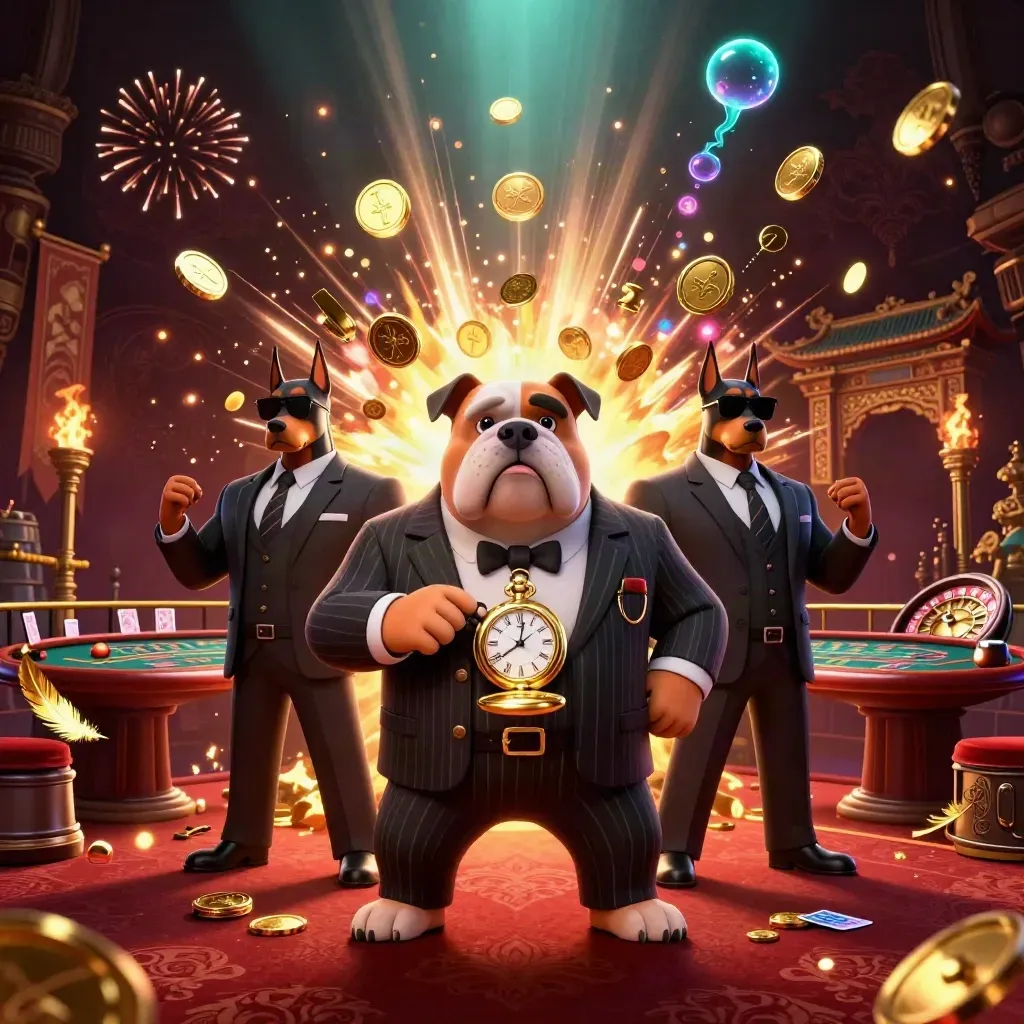 Bulldog boss with two Dobermans amid exploding gold coins, roulette, cards, and temple-gate casino glamour.