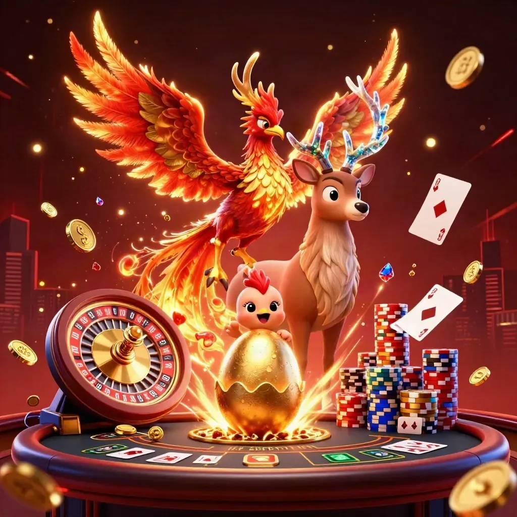 Phoenix, stag, and hatching baby phoenix amid coins, gems, roulette wheel, cards, and glowing casino lights.