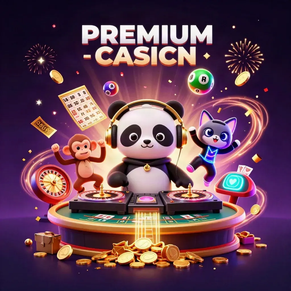DJ panda, monkey, and glow kitten celebrate amid coins, fireworks, and casino action.