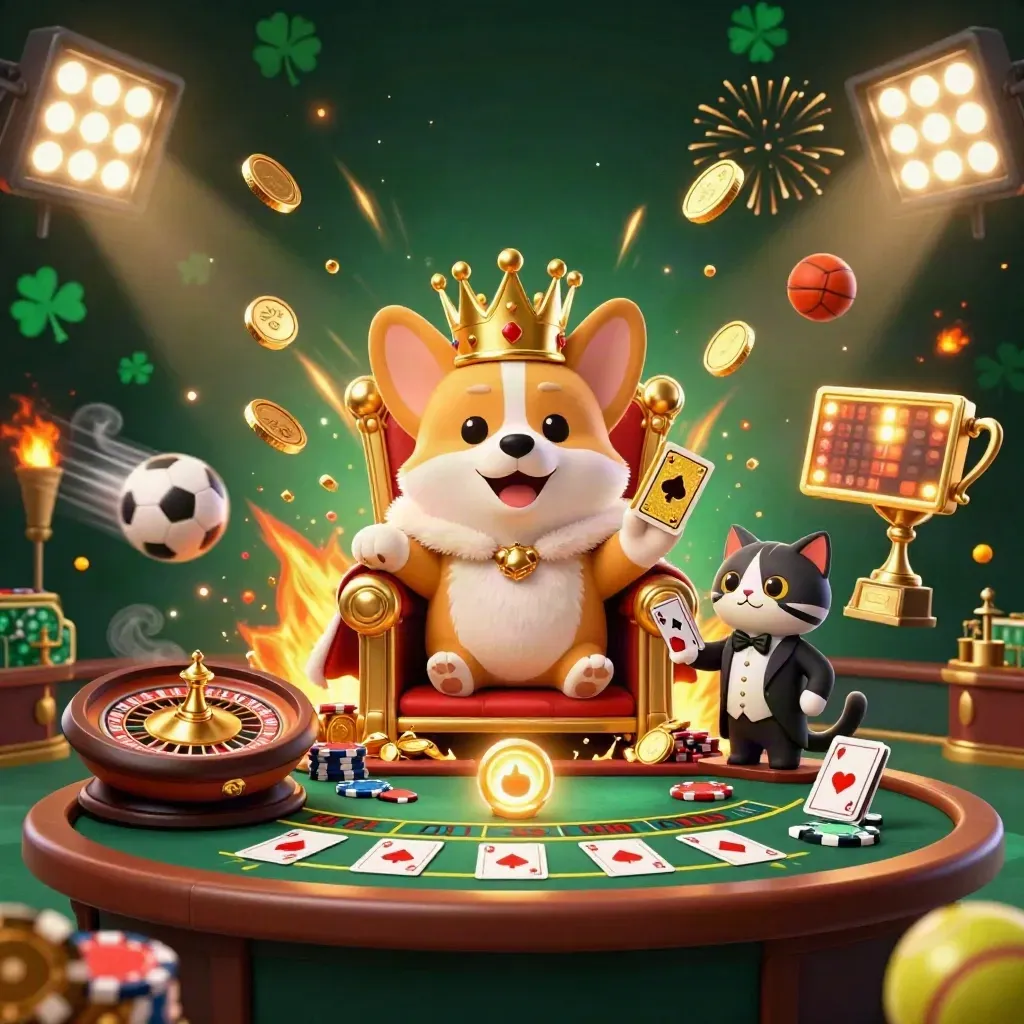 Royal corgi and cat butler amid casino treasure, coins, fireworks, sports balls, and glowing lights.
