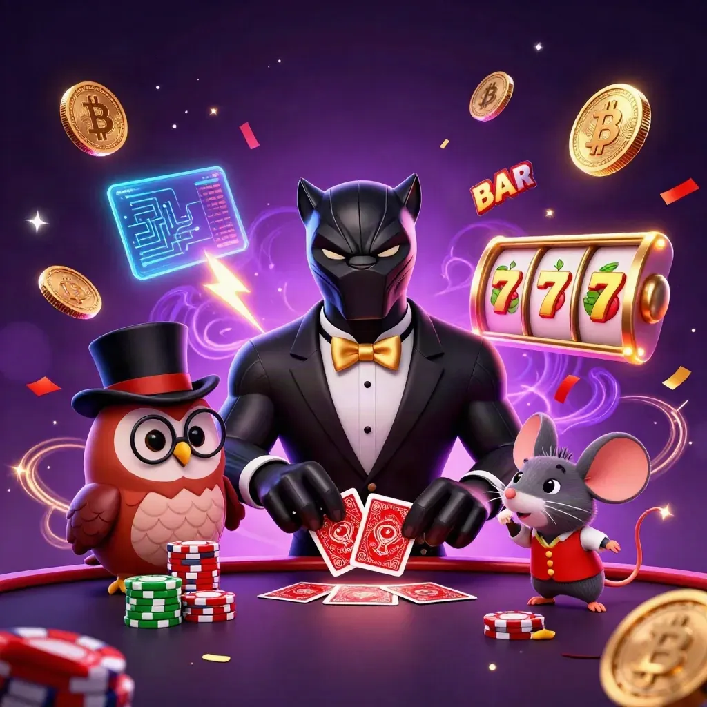 Black panther dealer, owl with chips, and lucky mouse amid neon casino effects.