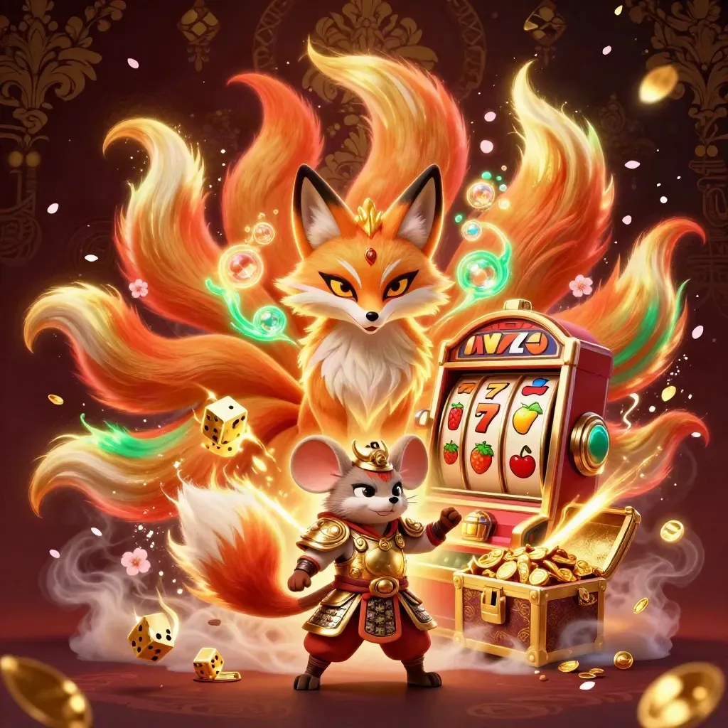 Neon fox spirit and golden mouse amid exploding slot reels, coins, petals, and jackpot glow.