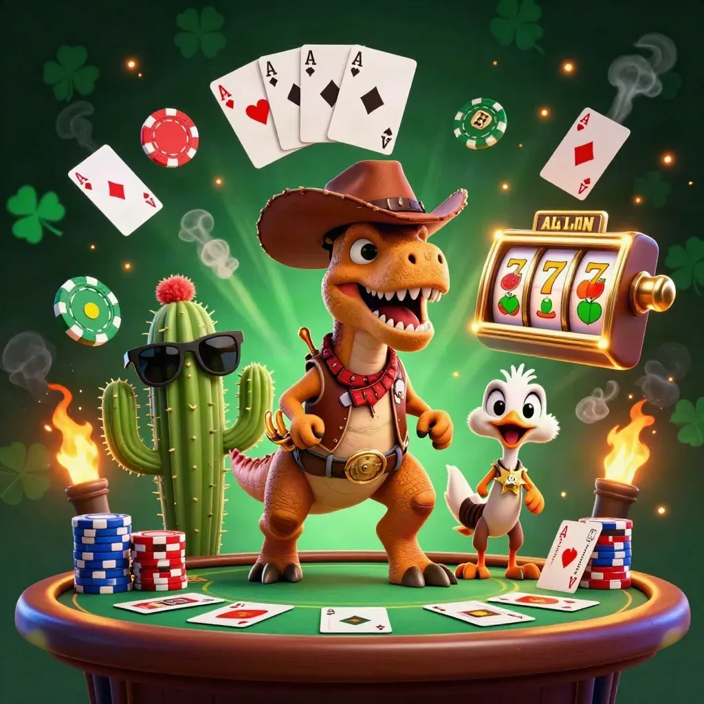 Cowboy T-Rex with cactus sidekick and sheriff roadrunner amid chips, cards, reels, and glowing embers.