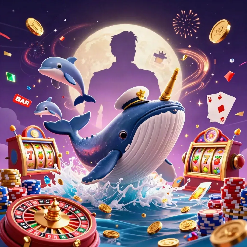 Captain whale, narwhal and dolphins burst through coins with emerald casino glow and jackpot symbols.