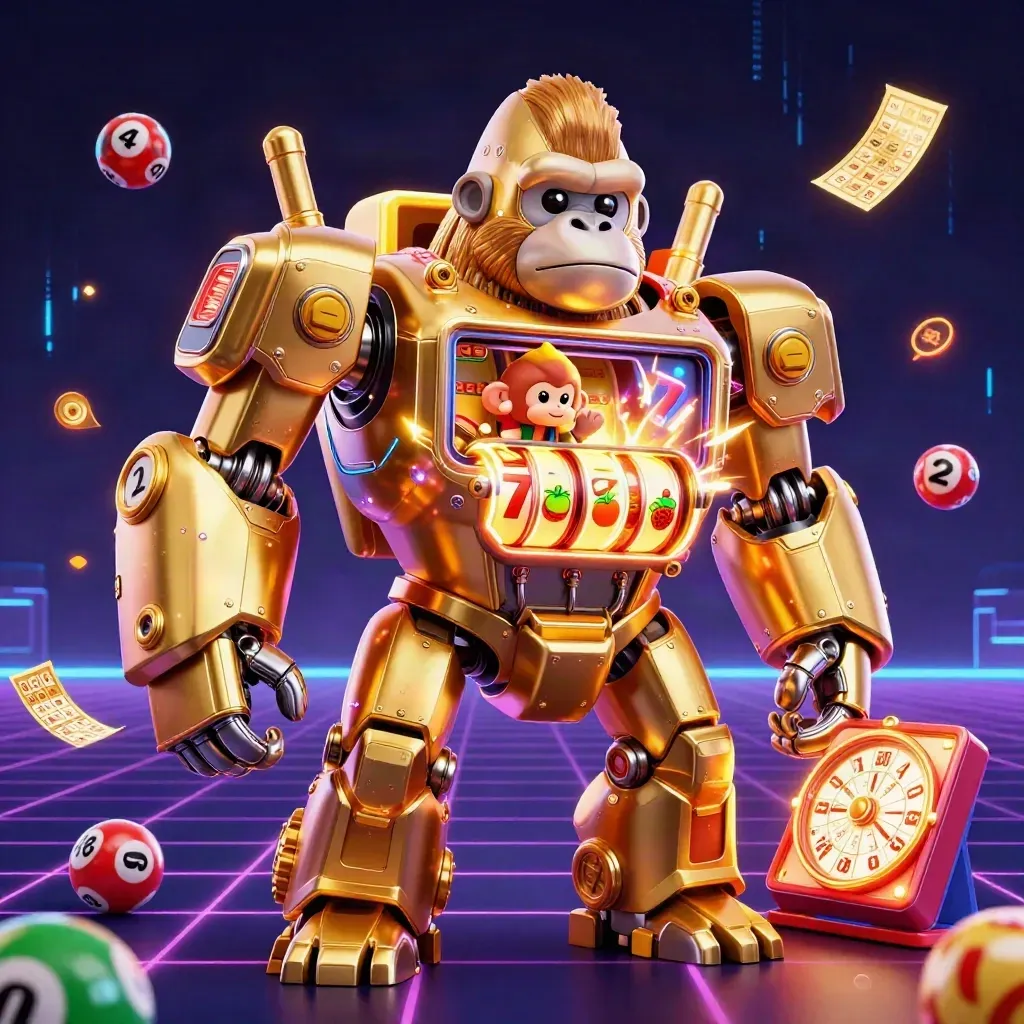 Golden gorilla slot-mech with tiny monkey pilot, reels, lottery balls and neon casino glow.